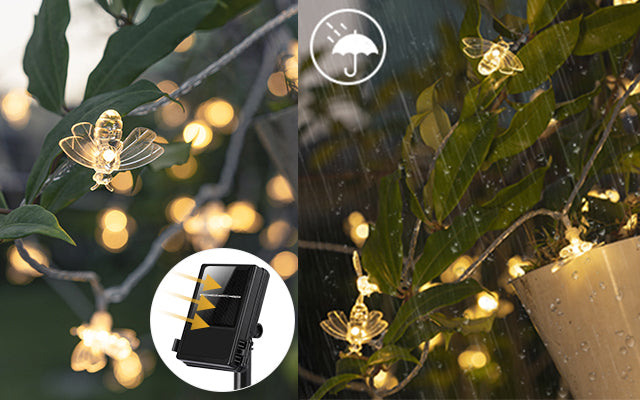 10m (33ft) 50 Bienen LED Lichterkette für Garten, Terrasse, Drinnen und Draußen - Solar und Batteriebetrieben, Warmweiß